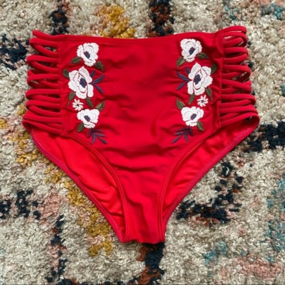 Hollister Red Floral Side Cutout High Waisted Swim Bottoms  Size XS